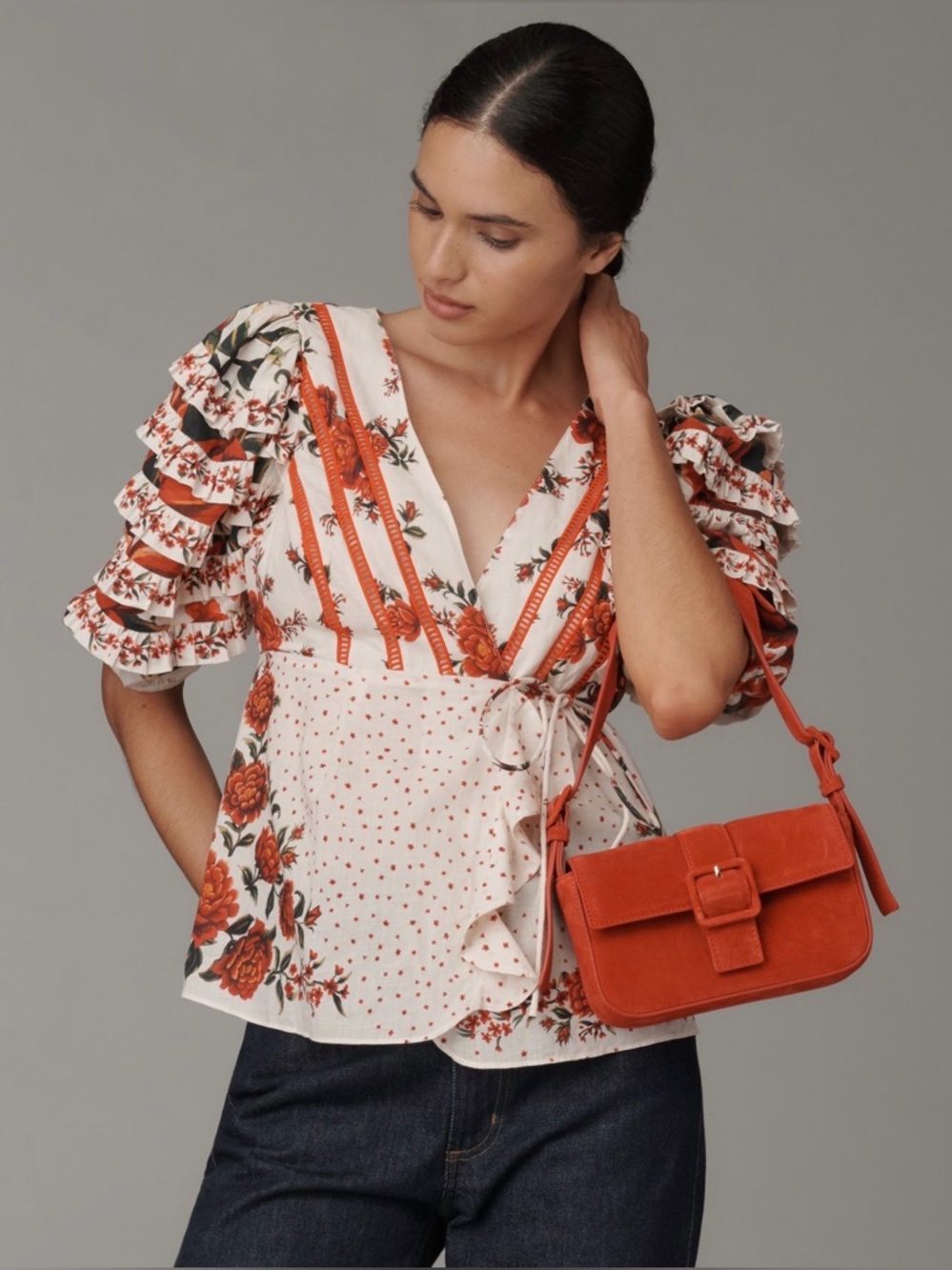 Farm Rio x Anthropologie Wrap Blouse Floral Puff Sleeve Top XL NWT